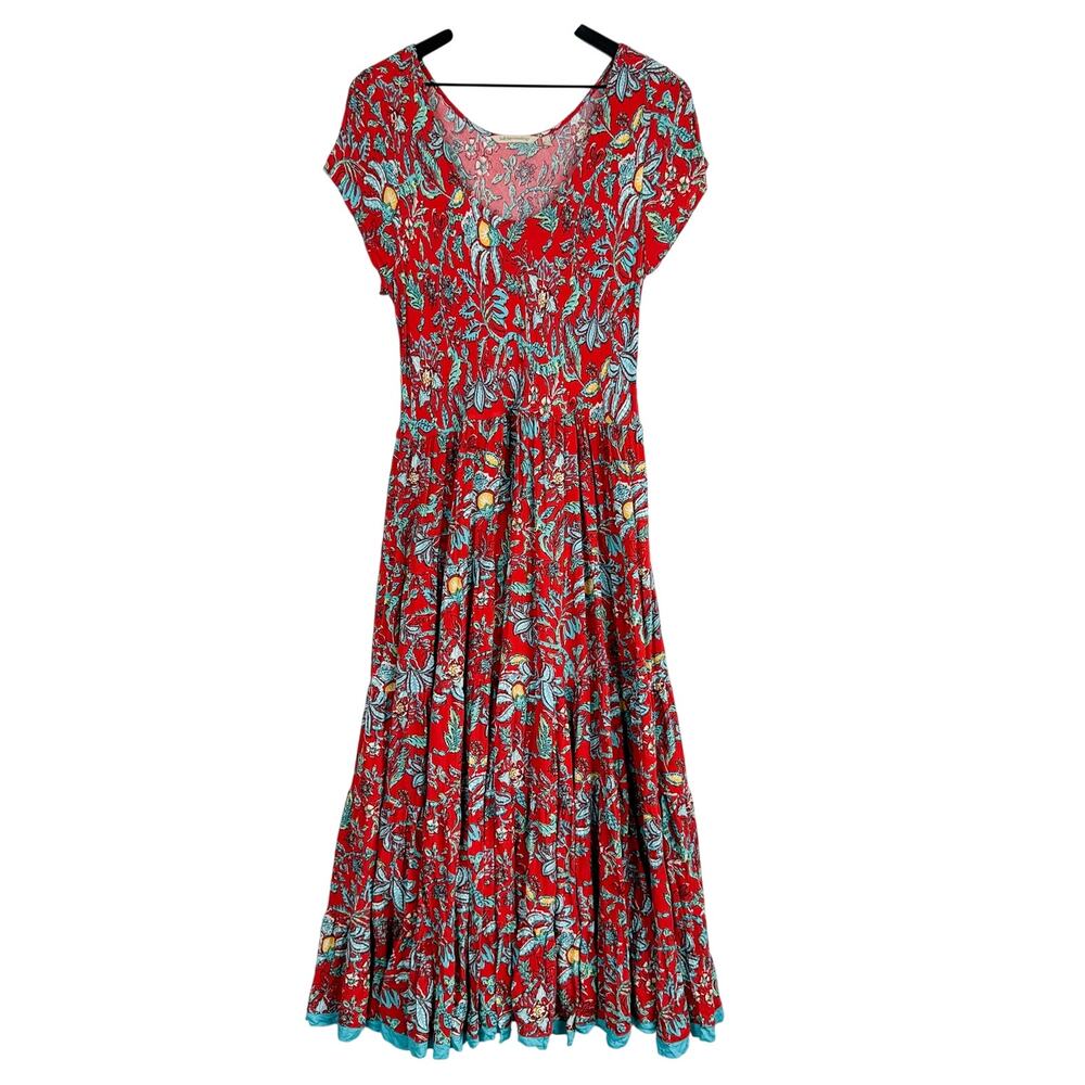 Soft Surroundings Kara Dress Tiered Maxi Long Red Blue Floral - L